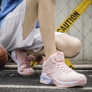 贝踏篮球鞋女秋冬高帮耐磨皮面磨擦声防滑百搭女生粉色运动鞋