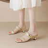 真皮一字拖凉鞋，女式夏季软皮细跟韩版中跟外穿凉拖鞋杏色气质