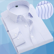 男士白底蓝条纹长袖衬衫春秋季银行职业正装修身工作服大码衬衣寸