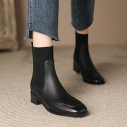针织毛线口短靴女春秋靴2023法式复古黑色方头粗跟显瘦靴子