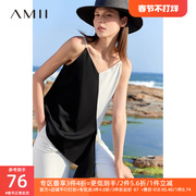 Amii2023夏季撞色设计拼接V领雪纺吊带宽松不规则中长背心女