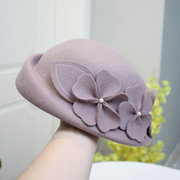 甜美花朵羊毛呢帽子贝雷帽秋冬季女士礼帽英伦，画家帽蓓蕾帽凹造型