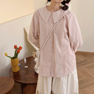 复古法式少女刺绣灯笼袖娃娃领衬衫春季气质灰粉色内搭叠穿上衣
