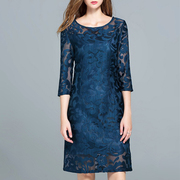 欧美出口高端大码女装长袖蓝色，欧根纱重工，蕾丝连衣裙2024春季