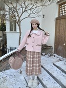 甜美套装秋冬季2023粉色毛呢短外套+格纹半身裙两件套裙子女