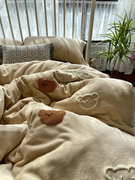 冬季加厚牛奶绒刺绣咖啡色小熊熊床上四件套珊瑚绒单人宿舍三件套