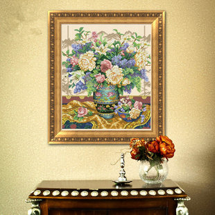 印花DMC十字绣客厅卧室餐厅玄关书房画欧式油画花卉古典花瓶