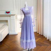 紫色方领度假风法式长裙，女拼接网纱长袖立体收腰雪纺连衣裙高级感