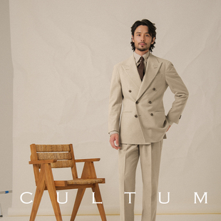 cultum秋冬加厚重磅445g重双排扣西服套装，男休闲法兰绒戗驳领西装