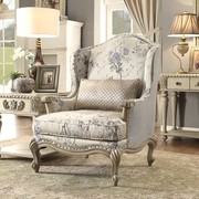 美式乡村实木雕花布艺单人沙发椅欧式白色做旧高背实木麻布老虎椅