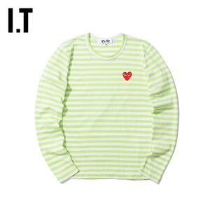 IT CDG PLAY COMME des GARCONS女装圆领长袖T恤条纹爱心缝饰77XE