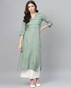 印度服装女民族风库塔上衣纯棉印花长款七分袖 薄款绿色