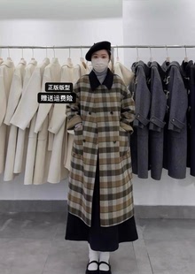 韩系复古格子双面羊绒大衣女春季宽松中长款双排扣羊毛呢外套