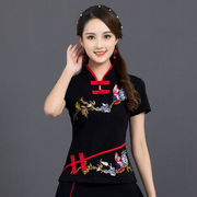 刺绣花短袖t恤棉t立领，盘扣民族风女装，修身上衣拼接中国风夏季