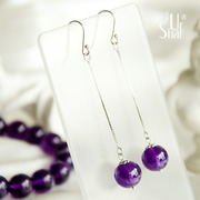 天然紫水晶纯银耳环，中长款真宝石圆珠，耳坠半透明深紫色优雅简约