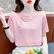 法式蕾丝短袖t恤女夏装2023洋气减龄体恤小衫别致粉色上衣服