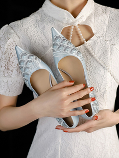 lusen原创婚鞋高级感蓝色，中式秀禾服新娘高跟鞋，刺绣旗袍鞋不累脚