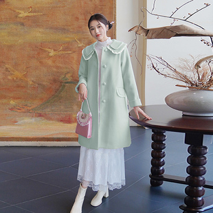 ATAR甜美淑女冬装新款钉珠双层娃娃领中长款毛呢外套修身呢子大衣