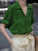 复古绿色棉麻短袖衬衫女2024夏季薄款polo西装领衬衣宽松显瘦上衣