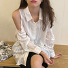 韩国chic秋季小众洋气翻领镂空露肩设计褶皱肌理感长袖防晒衬衫女