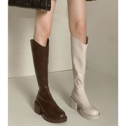 骑士靴女2022年春秋棕色长筒白色小个子长靴高筒靴高跟瘦瘦靴