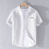 纯棉条纹衬衫白色短袖男士，宽松薄款透气休闲日系复古文艺青年衬衣