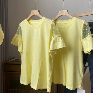 韩版细网拼接圆领短袖T恤女修身显瘦黄色上衣时尚休闲洋气H¥23