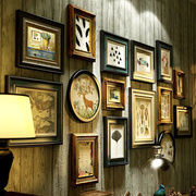 实木照片墙美式客厅餐厅，背景墙相片墙轻奢，相框免打孔复古画框组合