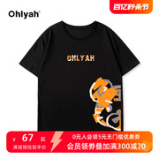 ohlyah卡通小老虎印花t恤短袖，女宽松韩版潮oversize纯棉圆领上衣