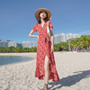 三亚旅行穿搭沙滩裙女红色碎花，波西米亚一片式，海边度假连衣裙夏季