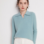 polo领春季女款100%纯羊绒，条纹宽松长袖修身型套头休闲针织衫