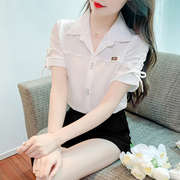 白色短袖雪纺衬衫女2023夏季韩版宽松气质，设计感套头衬衣上衣
