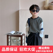 儿童衬衫2024春季韩版男女童条纹拼接衬衫宝宝俩两件长袖上衣
