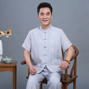 夏式棉麻短袖中老年运动男装男式亚麻唐装T恤中国风士功夫太极服