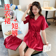 大码胖mm200斤百搭显瘦冰丝睡裙女夏薄款大红色，日式和服性感睡衣