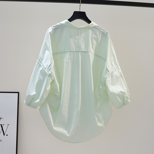 小清新淡绿色棉衬衫女设计感拼接包边，宽松衬衣2023春夏文艺范上衣(范上衣)