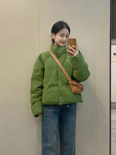 胖妹妹绿色立领短款羽绒棉服女冬季韩版保暖宽松面包服外套
