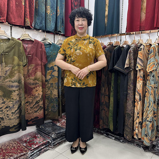 中国风立领t恤衫短袖民族风，套装女40-50岁妈妈旗袍女式桑蚕丝小衫