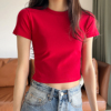 红色短款短袖t恤女2024夏季紧身高腰露脐修身显瘦圆领上衣T恤