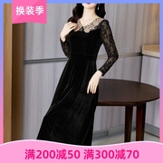雅丽堡黑色丝绒连衣裙秋季高端法式赫本风，蕾丝袖拼接显瘦裙子
