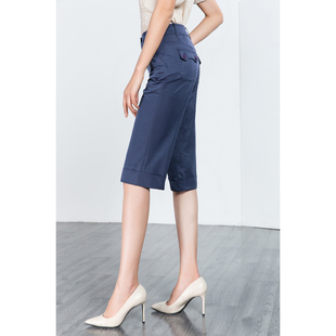 敦系列夏装蓝色光面中厚直筒七分女裤品牌折扣
