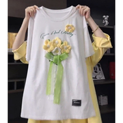 大码女装立体花朵短袖t恤女夏季2024韩系宽松中长款设计感上衣潮