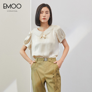 EMOO杨门夏季短袖雪纺衬衫女装夏装2024年娃娃领减龄别致小衫
