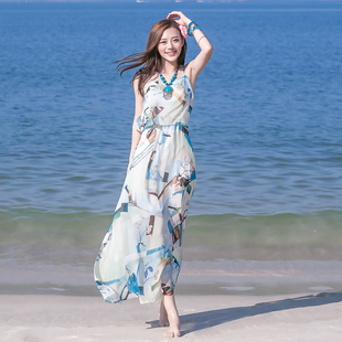 三亚度假旅行连衣裙海南泰国海边沙滩，裙雪纺碎花吊带长裙