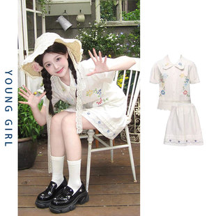 奶系穿搭刺绣娃娃领衬衫白色半身裙女小清新套装小个子两件套裙夏