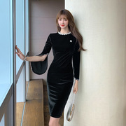 黑色连衣裙女2022春季法式复古气质时尚钉珠修身包臀裙OL裙子