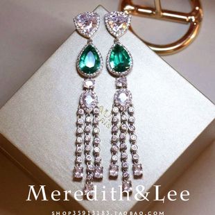 Meredith&Lee法式优雅宫廷复古长款流苏轻奢绿色水滴礼服锆石耳环