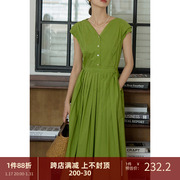88折 绿色蓝色压褶短袖连衣裙女夏小众法式复古v领中长裙