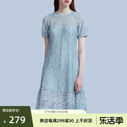 ise2020夏季灰蓝色复古印花蕾丝连衣裙P2020733