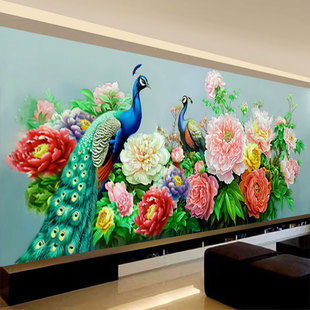 牡丹孔雀十字绣2024现代中式线绣客厅花卉画风景，中国自己绣